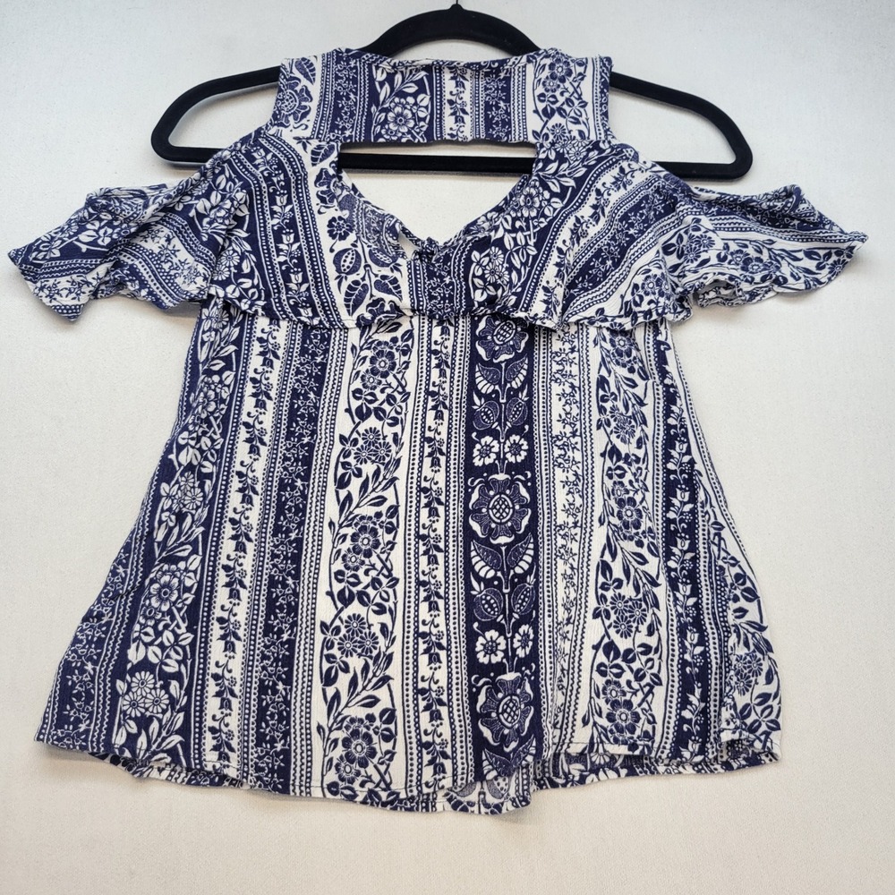 IZ Byer Cold Shoulder Blouse Womens Small Blue Floral Boho Ruffle Cutout Top